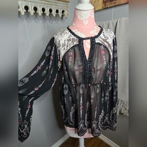 Knox Rose Black Sheer Blouse with Floral Accents